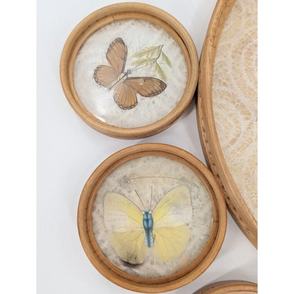 Himark Bamboo Tray Coaster Set Acrylic Pressed Butterfly Flowers 7 Pc Vintage